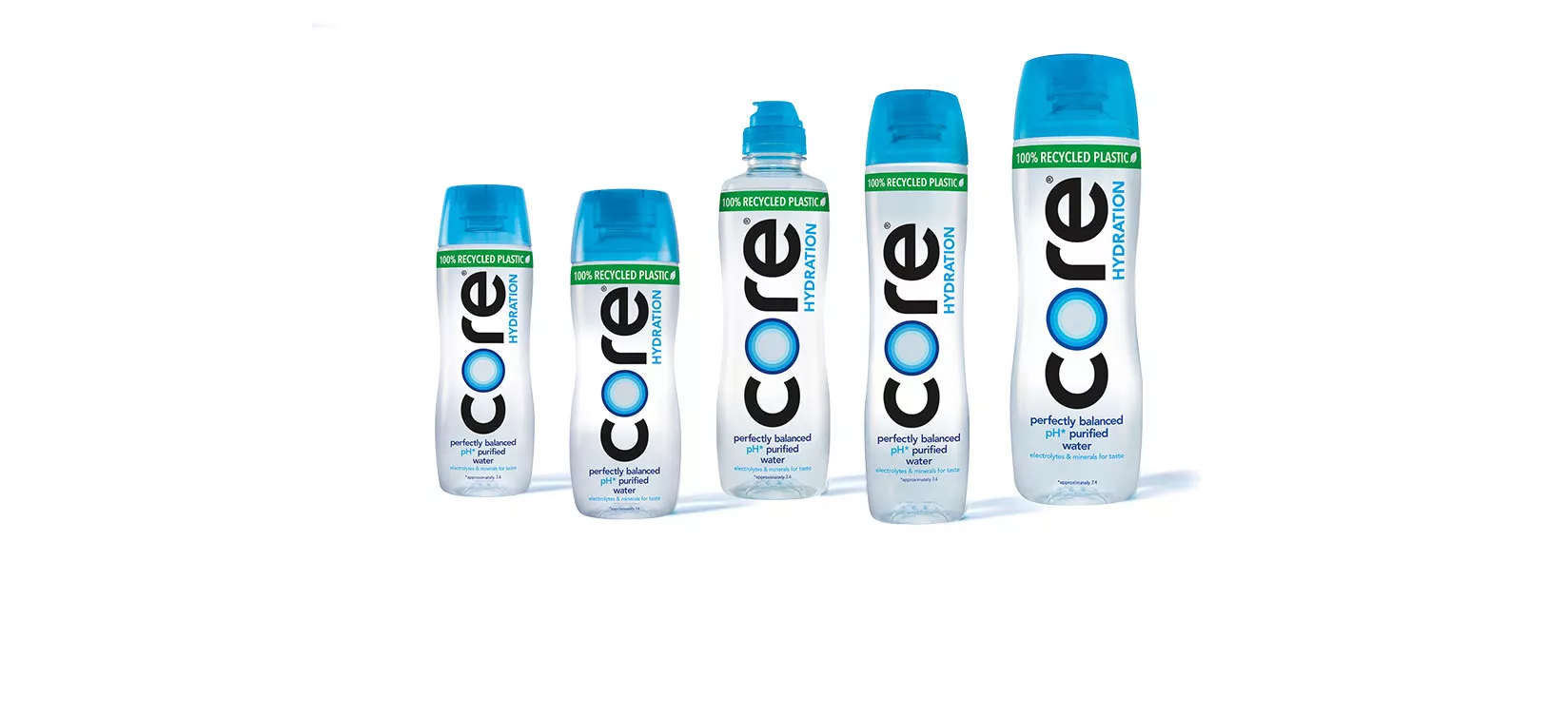 The five different CORE Hydration bottles